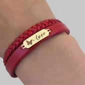 14 Ayar Altın Plakalı İsme Özel Hakiki Bordo Derili Kelebek Figürlü Hediye Bileklik-677 thumbnail 3