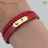 14 Ayar Altın Plakalı Burca Özel Kelebek Figürlü Hakiki Bordo Derili Hediye Bileklik-677 thumbnail 3