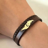 14 Ayar Altın Plakalı Sembole Özel Hakiki Kahverengi Derili Yaprak Motifli Hediye Bileklik-680 thumbnail 3