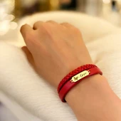 14 Ayar Altın Plakalı İsme Özel Hakiki Bordo Derili Kelebek Figürlü Hediye Bileklik-677 thumbnail 2