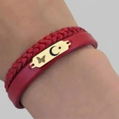 14 Ayar Altın Plakalı Sembole Özel Hakiki Bordo Derili Kelebek Figürlü Hediye Bileklik-677 thumbnail 3