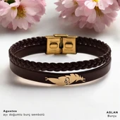 14 Ayar Altın Plakalı Doğum Ayına Özel Hakiki Kahverengi Derili Yaprak Motifli Hediye Bileklik-680 thumbnail 1