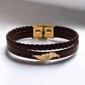 14 Ayar Altın Plakalı Harfe Özel Yaprak Motifli Hakiki Kahverengi Derili Hediye Bileklik-680 thumbnail 1