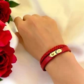 14 Ayar Altın Plakalı Sembole Özel Hakiki Bordo Derili Kelebek Figürlü Hediye Bileklik-677 thumbnail 2