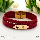 14 Ayar Altın Plakalı Burca Özel Kelebek Figürlü Hakiki Bordo Derili Hediye Bileklik-677 thumbnail 1