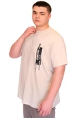 Mode XL Büyük Beden Erkek T-Shirt Bisiklet Yaka NOT DEFINETS Baskılı U25009 Bej thumbnail 4