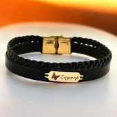 14 Ayar Altın Plakalı İsme Özel Hakiki Siyah Derili Kelebek Motifli Hediye Bileklik-678 thumbnail 1