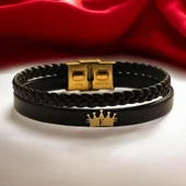 14 Ayar Altın Plakalı Harfe Özel Taç Figürlü Koyu Kahverengi Derili Hediye Bileklik-679 thumbnail 1