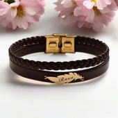 14 Ayar Altın Plakalı İsme Özel Hakiki Kahverengi Derili Yaprak Motifli Hediye Bileklik-680 thumbnail 1