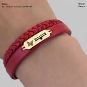 14 Ayar Altın Plakalı Doğum Ayına Özel Hakiki Bordo Derili Kelebek Figürlü Hediye Bileklik-677 thumbnail 3