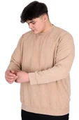 Mode XL Büyük Beden Erkek Bisiklet Yaka Sweatshirt Asit Yıkama Interlok U24175 Bej thumbnail 2
