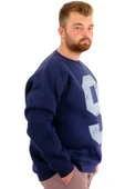 Mode XL Büyük Beden Erkek Sweatshirt 3 İplik Şardonlu Baskılı NINE U24528 İndigo thumbnail 3