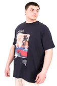 Mode XL Büyük Beden Erkek Baskılı T-Shirt Palm Dream U25026 Lacivert thumbnail 1