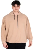 Mode XL Büyük Beden Erkek Kapüşonlu Sweatshirt Asit Yıkama Interlok U24167 Bej thumbnail 1