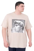 Mode XL Büyük Beden Erkek T-Shirt Bisiklet Yaka STATUE U25027 Bej thumbnail 1