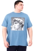 Mode XL Büyük Beden Erkek T-Shirt Bisiklet Yaka STATUE U25027 Mavi thumbnail 1