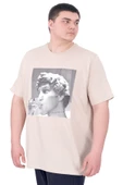Mode XL Büyük Beden Erkek T-Shirt Bisiklet Yaka STATUE U25027 Bej thumbnail 4