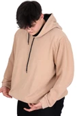 Mode XL Büyük Beden Erkek Kapüşonlu Sweatshirt Asit Yıkama Interlok U24167 Bej thumbnail 3