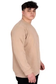 Mode XL Büyük Beden Erkek Bisiklet Yaka Sweatshirt Asit Yıkama Interlok U24175 Bej thumbnail 3