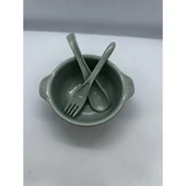 4 Parça Mama Tabağı Seti 3 Bölmeli Ayıcık Şekilli Eğlenceli Mama Tabağı ve Çatal Kaşık Kase Seti - 10
