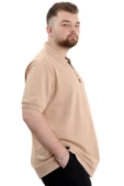 Mode XL Büyük Beden Erkek T-Shirt Polo Yaka Klasik U24328 Bej thumbnail 3