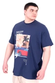 Mode XL Büyük Beden Erkek Baskılı T-Shirt Palm Dream U25026 İndigo thumbnail 1
