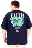 Mode XL Büyük Beden Erkek T-Shirt Bisiklet Yaka FAITH U25030 Lacivert thumbnail 2