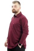 Mode XL Büyük Beden Erkek Sweatshirt Polo Yaka Uzun Kol WAFFLE 23449 Bordo thumbnail 2