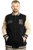 Mode XL Büyük Beden Erkek Kolej Mont Fermuarlı Ceket REPUTATION 23634 Siyah-Bej thumbnail 1