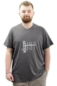 Mode XL Büyük Beden Erkek T-Shirt V Yaka Baskılı BELIEVE U24054 Antrasit thumbnail 1