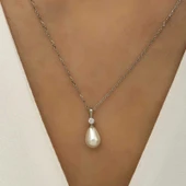 pilelistore 925 Ayar Gümüş Damla İnci Bayan Gümüş Kolye thumbnail 3