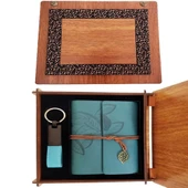 pilelistore Ahşap Kutulu Mavi Deri Defter ve Anahtarlık Set - 1