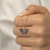 pilelistore Gümüş Rose Antrasit Kaplangözü Taşlı Kelebek Kolye - 5