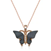 pilelistore Gümüş Rose Antrasit Kaplangözü Taşlı Kelebek Kolye - 1