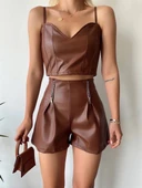 Çift fermuarlı deri şort kahve h24394 thumbnail 2