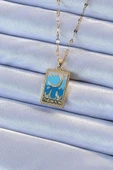 pilelistore 316L Çelik Zincir Altın Renk Mavi Mineli Ay Figür Tarot Kolye - TJ-BKO9213 thumbnail 1
