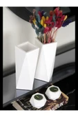 Geometrik Uzun Vazo 20 Cm Ve Geometrik Tealight Mumluk Set (4 PARÇA) Ham Beyaz - 3