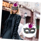 Siyah Kadife Üzeri Rengarenk Payetli Pullu Pembe Tüylü Pembe Taşlı Parti Maskesi 19x21 cm thumbnail 1