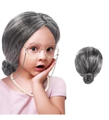 Gri Renk Yaşlı Peruğu Takma Saç Anneanne Babaanne Yetişkin Çocuk Uyumlu thumbnail 2