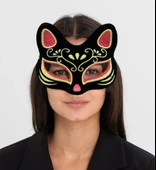 Siyah Renk Süet Kaplama Üzeri Kırmızı Sarı Simli Kedi Maskesi 17x14 cm thumbnail 2