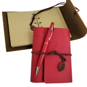 pilelistore Özel Ahşap Kutulu Kırmızı Deri Defter ve Kalem Set thumbnail 2