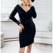 Lucky Life Kadın Uzun Kollu Kruvaze Yaka Bağcık Detay Akrilik Mini Boy Elbise - 6