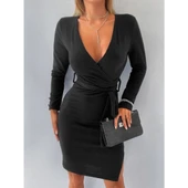 Lucky Life Kadın Uzun Kollu Kruvaze Yaka Bağcık Detay Akrilik Mini Boy Elbise - 1