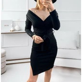 Lucky Life Kadın Uzun Kollu Kruvaze Yaka Bağcık Detay Akrilik Mini Boy Elbise - 16