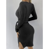 Lucky Life Kadın Uzun Kollu Kruvaze Yaka Bağcık Detay Akrilik Mini Boy Elbise - 14