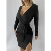 Lucky Life Kadın Uzun Kollu Kruvaze Yaka Bağcık Detay Akrilik Mini Boy Elbise - 4