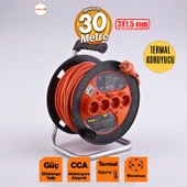 Plastik Makaralı Uzatma Kablosu 3x1.5 mm 30 Metre Termal Sigortalı 4 Prizli CCA Monofaze Seyyar thumbnail 2