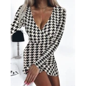 Lucky Life Kadın Uzun Kollu Kruvaze Yaka Kazayağı Mikro Mini Boy Elbise - 8