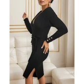 Lucky Life Kadın Uzun Kollu Kruvaze Yaka Bağcık Detay Akrilik Mini Boy Elbise - 18