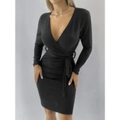 Lucky Life Kadın Uzun Kollu Kruvaze Yaka Bağcık Detay Akrilik Mini Boy Elbise - 5